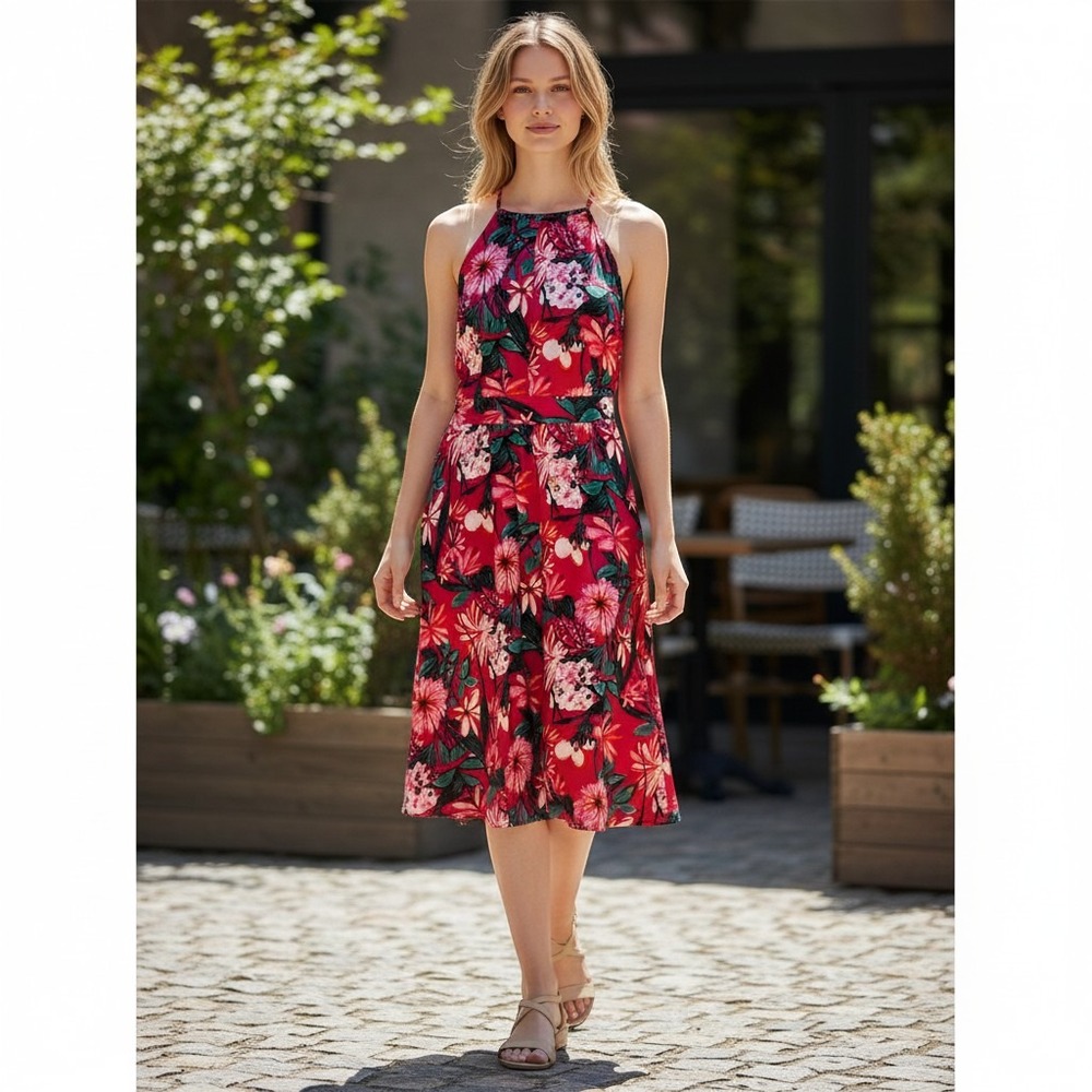 Ann Taylor Factory Pink‎ Floral Halter Midi Dress Womens Size 4 Tropical Summer